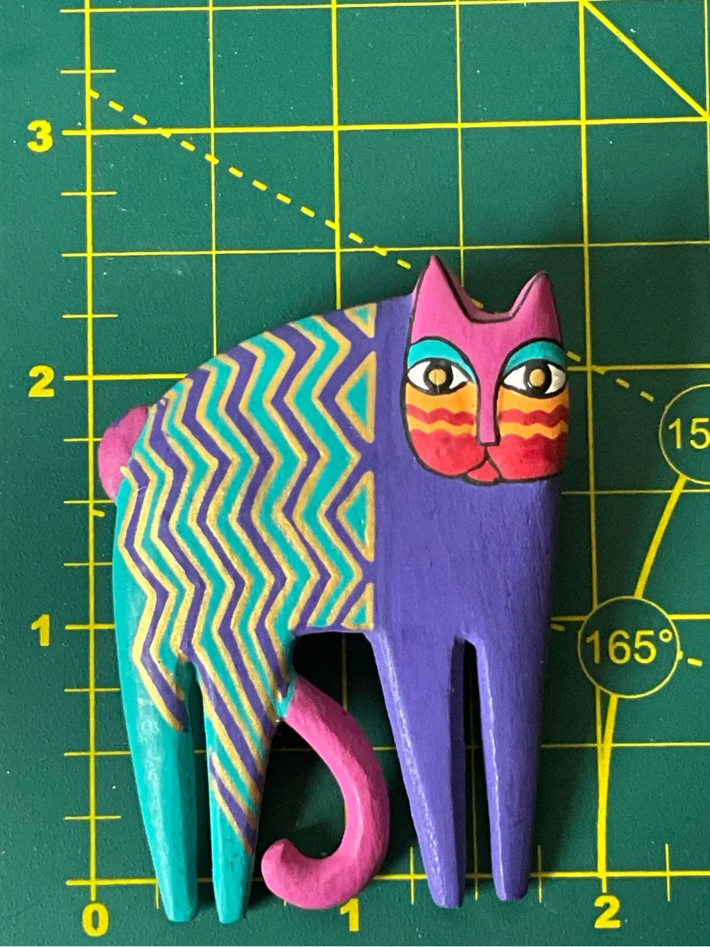 VTG Laurel Burch 1992 Signed Wood Whimsical Cat Brooch Pin Hand Painted Folk Art